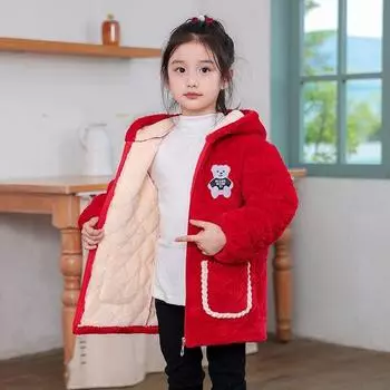 Куртка средней длины из утолщенного бархата для девочек, теплая, с капюшоном, из хлопка 160 чёрный