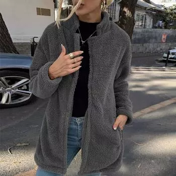 Куртка средней длины, женское утепленное мягкое пальто, однотонная верхняя одежда, зимнее флисовое пальто-бомбер S белый