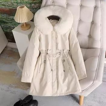 Куртка средней и длинной длины для женщин 2024 года, новая корейская версия пуховой хлопковой одежды с капюшоном, утолщенная, большого размера, теплая куртка с талией M бежевый