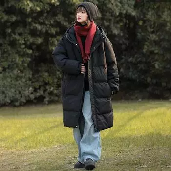 Куртка средней и длинной длины с капюшоном и хлопковой подкладкой, новинка зимы 2024 года, контрастного цвета, с хлопковой подкладкой, утолщенная, теплая, свободная, с хлопковой подкладкой S