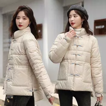 Куртка-стеганая куртка в этническом стиле с пряжкой в стиле ретро для женщин, невысоких мужчин, литературная и повседневная зимняя куртка-стеганая куртка из хлопка M белый