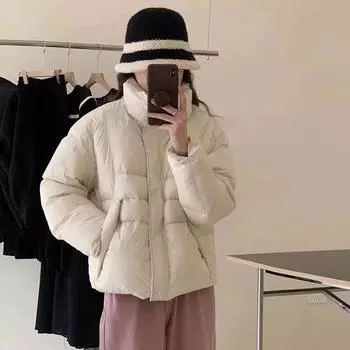 Куртка-стойка с белым утиным пухом, женская, зимняя, 2024 года, милая, однотонная, свободная, утолщенная, теплая, маленькая куртка-хлеб S темно-коричневого