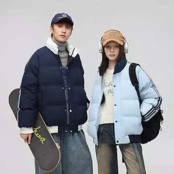 Куртка-стойка с тремя полосами, мужская зимняя стеганая куртка, утолщенная теплая свободная повседневная стеганая куртка S чёрный