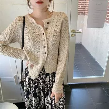 Куртка-свитер, нижнее женское пальто, весеннее свободное и универсальное, кардиган, новогодний модный кардиган, короткий топ. One Size бежевый