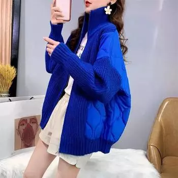 Куртка-свитер, осенне-зимняя женская утолщенная удобная эластичная вязаная кардиган, однотонная повседневная универсальная блузка с высоким воротником на молнии L белый