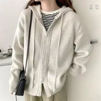 Куртка-свитер с двойной молнией и капюшоном, женский свободный кардиган массивной вязки One size белый