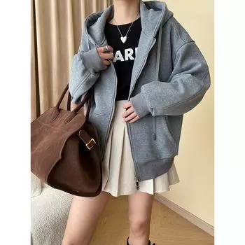 Куртка-свитер с капюшоном из плотного бархата с двойной молнией Sinnanxingshan SN4723 S серый