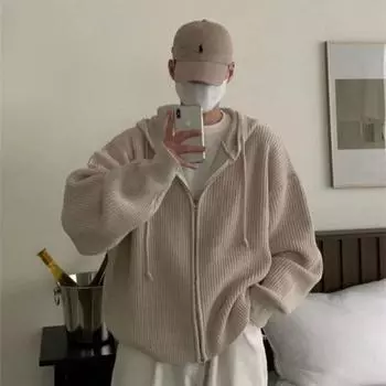 Куртка-свитер с капюшоном, мужской кардиган, свободный свитер в американском ретро-стиле в стиле Гонконга, ленивые мужские модные топы на весну и осень M чёрный