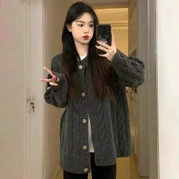 Куртка-свитер в стиле ленивой моды для женщин на раннюю осень, новый свободный вязаный кардиган на весну и осень с длинными рукавами one size fits all