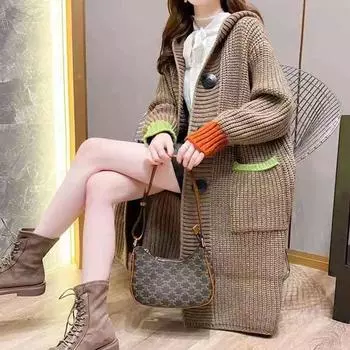 Куртка-свитер женская осенне-зимняя с капюшоном, свободная, эластичная, утолщенная, универсальный вязаный кардиган, толстая линия, уютная куртка средней длины S белый