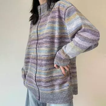 Куртка-свитер женская, осенне-зимняя, в стиле ретро, с полувысоким воротником, в полоску, свободная, утолщенная, на молнии, удобные повседневные вязаные кардиганы, топы S