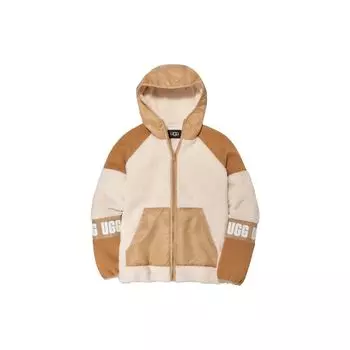 Куртка UGG Carrabella fluff с цветными блоками, логотипом и буквами, капюшоном, застежкой-молнией и длинными рукавами, унисекс, коричневые куртки 1144534-PTMLT M