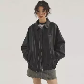 Куртка унисекс из черной искусственной кожи — модный американский ретро-стиль осени 2024 года для пар S
