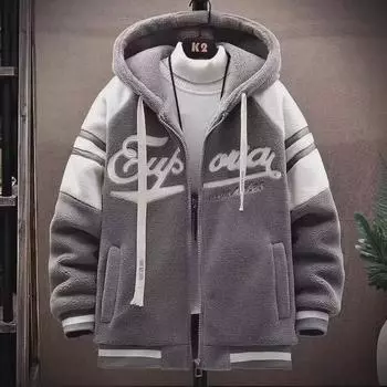 Куртка унисекс из овчины контрастного цвета с капюшоном - Осенняя мода 2024 L серый