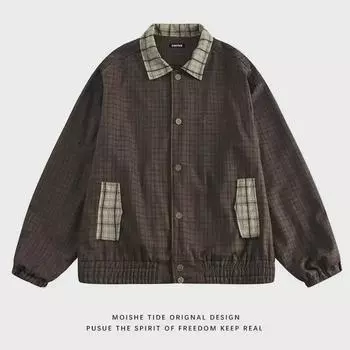 Куртка унисекс в клетку в стиле ретро с вышивкой - универсальный свободный повседневный топ с лацканами на осень M кофейный