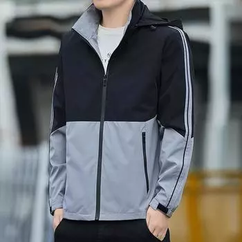 Куртка Весна и Осень Куртка Съемная Шапка Молодежная Уличная Ветрозащитная Повседневная Куртка Тренд Мужская Одежда M чёрный