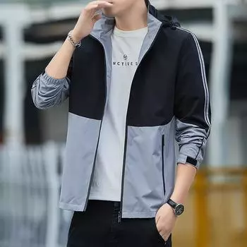 Куртка Весна и Осень Куртка Съемная Шапка Молодежная Уличная Ветрозащитная Повседневная Куртка Тренд Мужская Одежда M чёрный