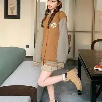 Куртка в американском стиле для бейсбола для женщин, осень, новый контрастный цвет, свободный повседневный, уменьшающий возраст, универсальный топ, модный для женщин M чёрный