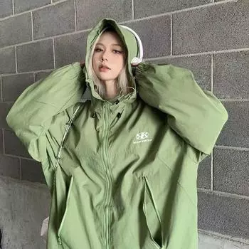 Куртка в американском стиле женская весна-осень Y2k ветрозащитная молния с капюшоном модное тонкое свободное зеленое пальто-карго с вышивкой S чёрный