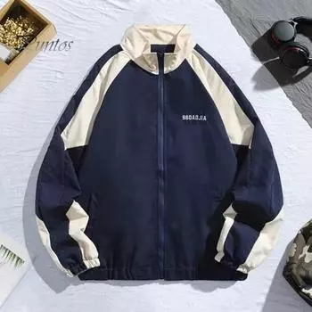 Куртка в стиле хип-хоп, лоскутная ветровка, пальто для женщин и мужчин, повседневная верхняя одежда на молнии с воротником-стойкой для весенне-осенней спортивной вечеринки на открытом воздухе L чёрный