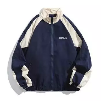 Куртка в стиле хип-хоп, ветровка, пальто в стиле пэчворк для женщин и мужчин, повседневная верхняя одежда на молнии с воротником-стойкой M темно-синий