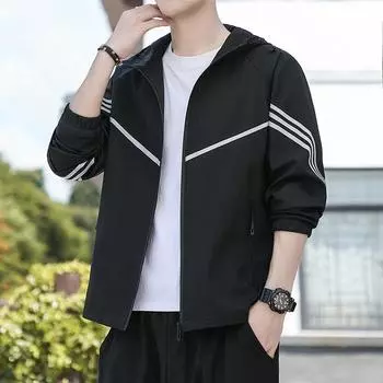 Куртка весна-осень Молодежная спортивная куртка с тремя планками Мужская дышащая верхняя свободная ветровка с капюшоном M чёрный