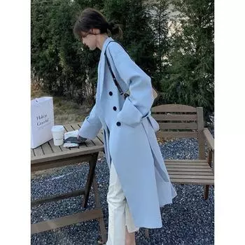 Куртка-ветровка цвета Smog Blue для женщин Весна и осень Новое корейское пальто средней длины с женственным темпераментом Популярное пальто S