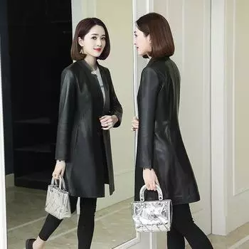 Куртка-ветровка из натуральной кожи средней длины для женщин, весна и осень, новый черный приталенный пиджак, модный M