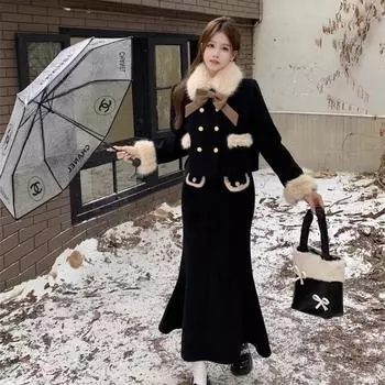 Куртка Xiaoxiangfeng женская 2024 осень-зима новая черная шерстяная сращивающаяся куртка Mao Mao длинная юбка комплект из двух предметов иностранный стиль S