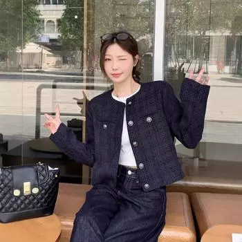 Куртка Xiaoxiangfeng женская 2024 осень-зима повседневное короткое шерстяное пальто нишевый темперамент корейская знаменитая одежда S тёмно-синий