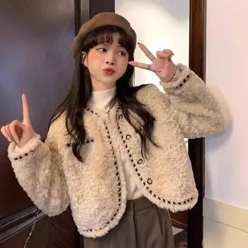 Куртка Xiaoxiangfeng, женская одежда, осень и зима 2024, новая, искусственная овечья шерсть, свободное, короткое, обжаренное, уличное, с длинными рукавами, хлопковое пальто с подкладкой S абрикосовый