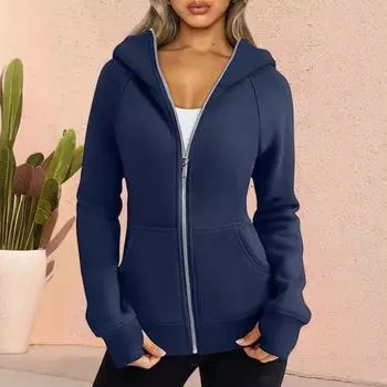 Куртка Yousheng Lady Hoodie с плюшевой подкладкой, однотонная застежка-молния с карманами, эластичные манжеты и подол, длинные рукава, кардиган, повседневное пальто L светло-серый