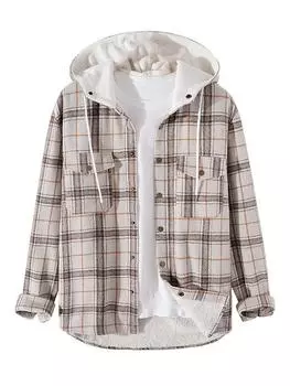 Куртка ZAFUL Plaid Fluffy с капюшоном и флисовой подкладкой L серый