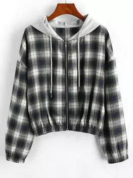 Куртка ZAFUL Plaid с капюшоном и застежкой-молнией на плечо S зелёный