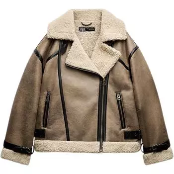 Куртка Zara двубортная с лацканами и отделкой ремешками женская норка 08073273-35 S
