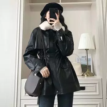 Куртка женская бархатная утолщенная осенне-зимняя одежда новый корейский дизайн Sense Niche овечья шерсть искусственная кожа Parker хлопковая одежда S (recommended under 50kg) чёрный