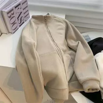 Куртка женская на весну, осень и зиму, воротник-стойка, кардиган на молнии, толстовка женская, бархат, утолщенная, теплая подкладка, универсальная M