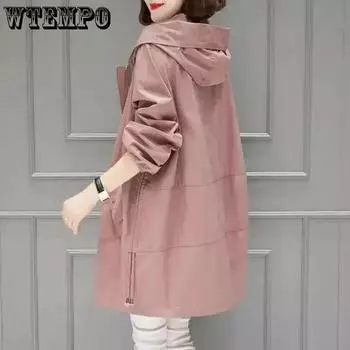 Куртка женская одежда весенне-осенний плащ средней длины куртка со шляпой корейская версия плюс размер свободная грация M