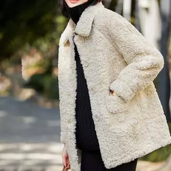 Куртка женская осень-зима плюс бархатное утолщение средней длины с отворотом из овечьей шерсти свободное теплое однотонное хлопковое пальто M коричневый