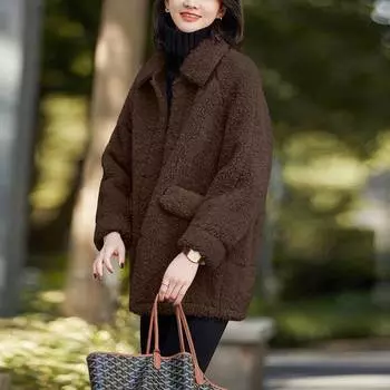 Куртка женская осенне-зимняя, бархатная, утолщенная, средней длины, с лацканами из овечьей шерсти, свободная теплая хлопковая куртка, хлопковая куртка L