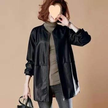 Куртка женская осенне-зимняя свободная бейсбольная форма искусственная кожа куртка ветровка элегантная S чёрный