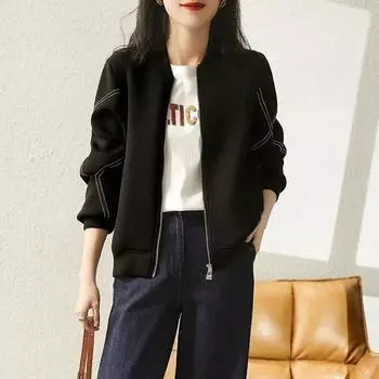 Куртка женская осенняя на молнии простая куртка с лацканами стоя пальто женская повседневная тонкая удобная верхняя одежда M чёрный