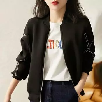 Куртка женская осенняя на молнии простая куртка с лацканами стоя пальто женская повседневная тонкая удобная верхняя одежда M чёрный