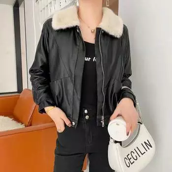 Куртка женская прилив осень и зима новый бархат утолщенная кожаная куртка женская иностранного стиля короткая кожаная куртка искусственный мех молодая S чёрный