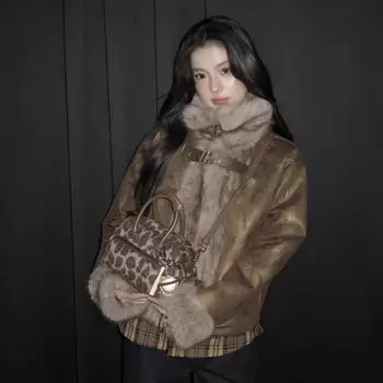 Куртка женская с интегрированным мехом Майяра, зима 2024, взрыв, иностранный стиль, модная, с короткими лацканами, мелкий мех S