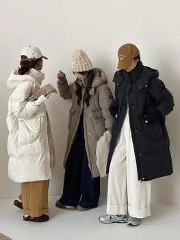 Куртка женская с капюшоном из белого утиного пуха, длинная, новые трикотажные рукава, утолщенная, свободная, куртка женская из белого утиного пуха S (90~ 60 kg) слоновая кость