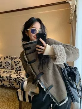 Куртка женская с меховой вставкой из замши, осенне-зимняя, с воротником-стойкой, короткая, свободная куртка XS серый