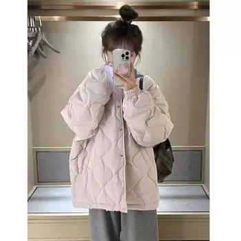 Куртка женская с овечьим ромбом из хлопка, зима 2024, новая свободная маленькая куртка-стеганая куртка для студентов S recommends within 60kg светло-фиолетовый