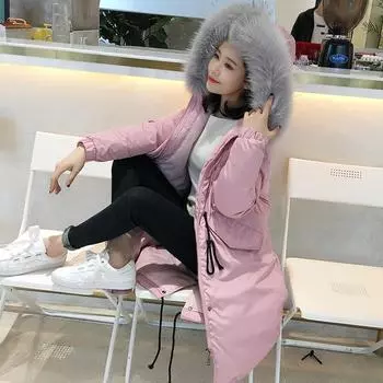 Куртка женская зимняя длинная парка Mujer утолщенная теплая большая меховая воротниковая куртка пальто повседневная однотонная с капюшоном S чёрный