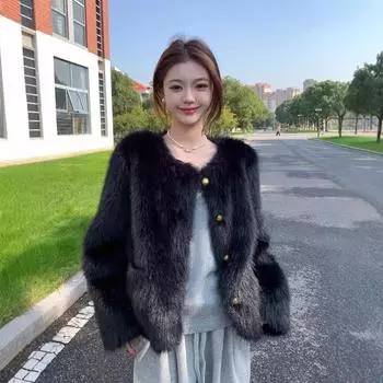 Куртка женская зимняя с круглым вырезом из меха норки, экологическая защита, куртка из меха лисы, новый популярный зарубежный стиль S [within 47.5 kg] чёрный